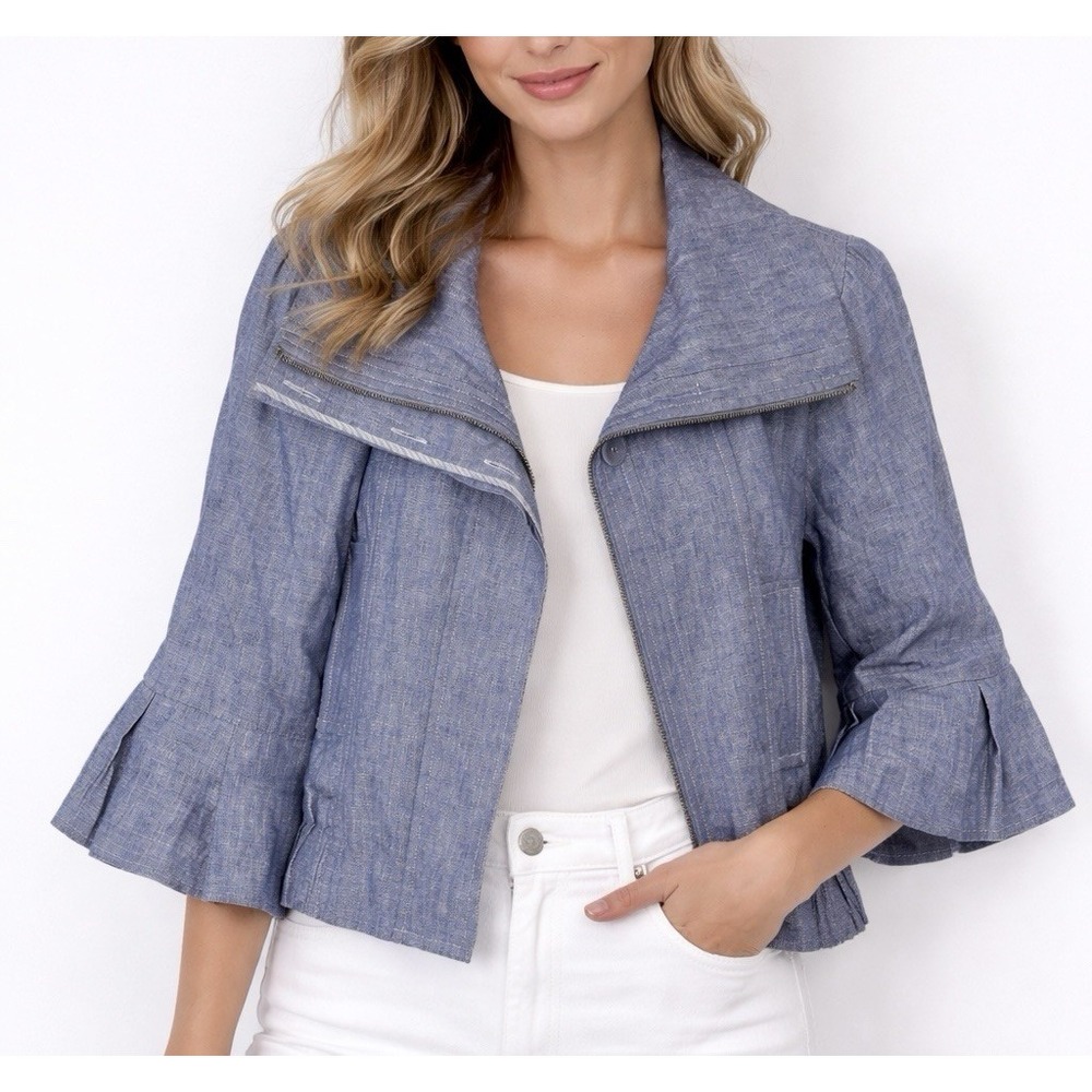 Brooklyn Industries Blue Linen Cropped Jacket Bell Sleeve Zip Front Size 2